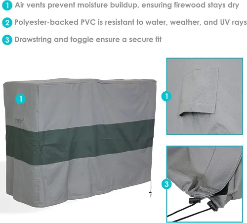 Miniatura 2 de Sunnydaze Funda para estante de troncos - Gris con rayas verdes - Poliéster 300D con respaldo de PVC - Accesorio resistente para patio, terraza