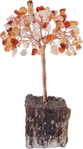 Miniatura 12 de mookaitedecor Árbol de cristal de peridoto natural sobre base de racimo de calcita ámbar, adorno de árbol de dinero de Feng Shui para decoración