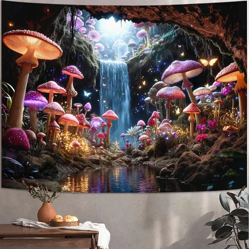 Miniatura 13 de Zussun Tapiz de hongo rojo, tapices de luna y estrella para dormitorio, estética de color beige, noche estrellada, planta verde, tapiz de pared