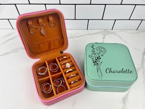 Miniatura 2 de Personalized Birth Flower Jewelry Travel Case, Birth Month Flower Gift, Birthday Gift, Leather Jewelry Travel Case, Custom Jewelry Case, Mother's