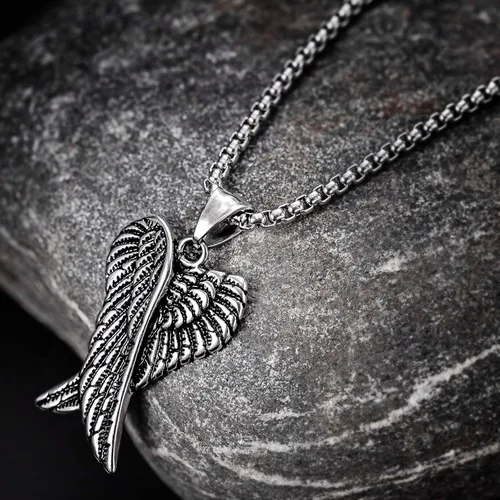 Miniatura 5 de Herinos Cadena de collar con colgante de acero inoxidable para hombres y mujeres, diseño de alas retro con diseño de calavera de plumas cruzadas