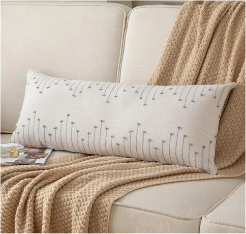 Miniatura 22 de Caflife Fundas de almohada boho de 18 x 18 pulgadas, juego de 2 almohadas decorativas para cama, fundas de almohada beige con línea negra para sofá