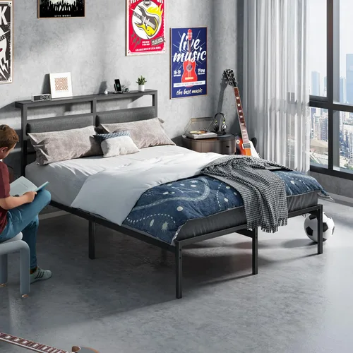 Miniatura 7 de OURPIC Estructura de cama de tamaño completo con cabecero, estructura de cama tamaño completo con luz LED y estación de carga, base de cama de Negro