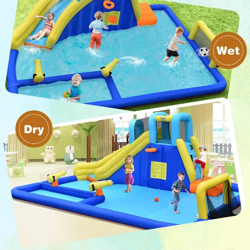 Miniatura 4 de HONEY JOY Tobogán acuático inflable, parque acuático gigante con porterías de fútbol para exteriores, piscina, escalada, toboganes acuáticos