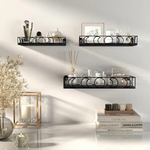 Miniatura 4 de PHAREGE Estantes Flotantes de Fases Lunares Negros, Juego de 3 Pequeños Estantes Decorativos de Pared para Almacenamiento de Libros y Plantas