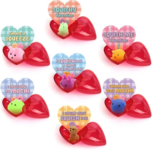 Miniatura 4 de SURCVIO Paquete de 28 regalos para el día de San Valentín para niños, juego de recuerdos de fiesta Mochi Squishies con corazones rellenos y tarjetas