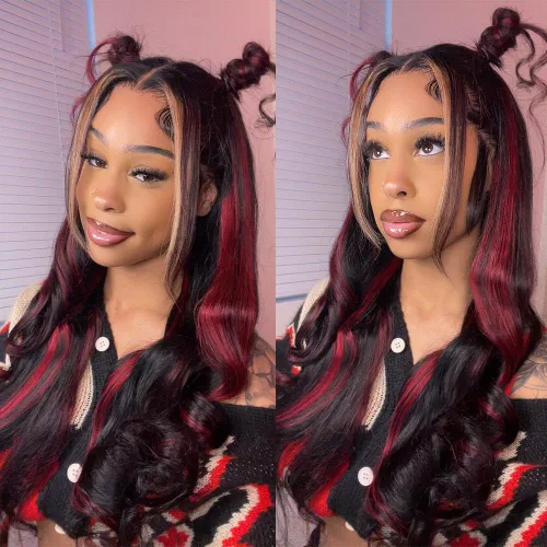 Miniatura 11 de abgese Peluca de cabello humano ondulado con reflejos rojos, pelucas de cabello humano ondulado con encaje frontal, densidad del 180 %, encaje