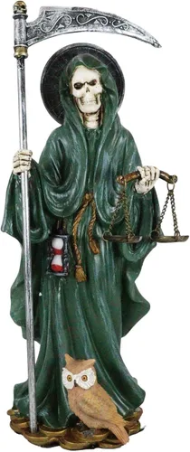 Miniatura 6 de Ebros Gift Figura de Santa Muerte de pie con guadaña y escalas de justicia con búho sabio de 10.25 pulgadas de alto, hueso de la muerte sagrada