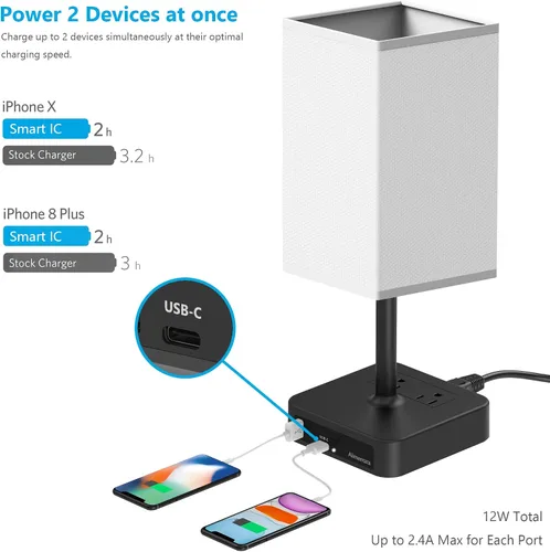 Miniatura 3 de Lámpara de mesa de noche con control táctil y puertos de carga USB C+A, lámpara de escritorio LED con 2 salidas de CA, luz minimalista para mesita