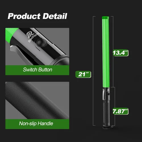 Miniatura 6 de RoadHero 1 paquete de varitas de tráfico de 21 pulgadas, bastón de control de tráfico LED verde, varita de luz de seguridad nocturna con 2 modos