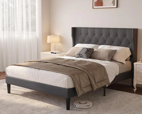 Aiho Base de cama de tamaño matrimonial con cabecera copetuda con botones en la parte trasera, base de cama tapizada, soporte de listones de madera,