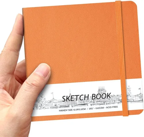 Cuaderno de bolsillo cuadrado de 5" x 5" con tapa dura de poliuretano de cuero, 58 hojas de papel beige Dowling de 150 GSM, libre de ácidos, Naranja