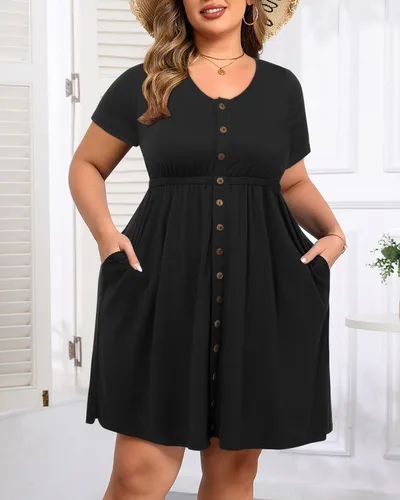 Miniatura 92 de Holipick Vestidos de verano para mujer, talla grande, casual, con bolsillos, acampanado, con botones, sin mangas, cuello en V