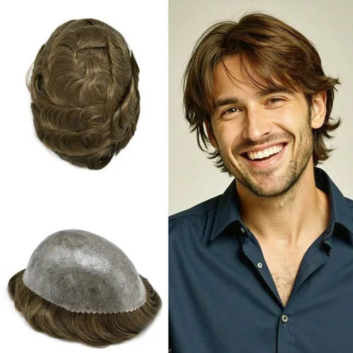 Miniatura 119 de Peluca completa de poliuretano para hombre, sistemas de reemplazo de cabello humano, piel fina y duradera, para hombre, prótesis de cabello