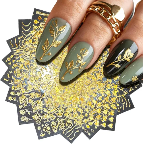 30 hojas de calcomanías de arte de uñas doradas, autoadhesivas 3D, calcomanías de diseño de uñas, gotas de agua, línea de flores, estrellas,