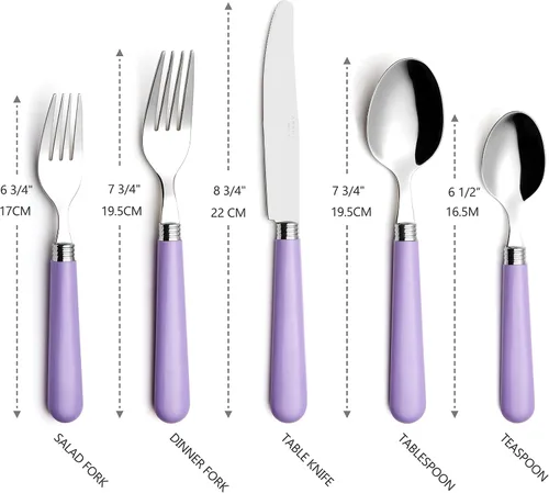 Miniatura 2 de ANNOVA Vajilla colorida de acero inoxidable, utensilios de cocina, incluye cuchillos, tenedores, cucharas, tenedores de ensalada y cucharas de Lila