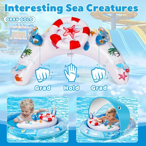 Miniatura 7 de Flotador de piscina para bebé con toldo, flotador de natación para bebé con toldo de protección solar UPF50+ y consola de juegos de juguete