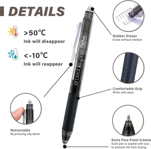 Miniatura 2 de ParKoo Bolígrafos de gel retráctiles borrables de punta fina de 0.028 in, desaparecen los errores, 3 bolígrafos de tinta negra/3 azules con 4 Negro