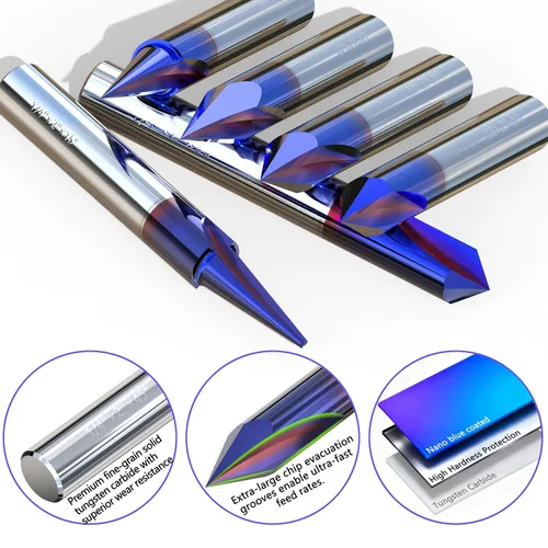 Miniatura 3 de Juego de brocas de grabado CNC para tallado de madera, vástago de 1/4 de pulgada, 15°, 20°, 60°, 90°, brocas de grabado con revestimiento nano azul