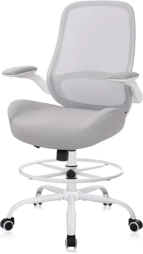 HYLONE Silla de dibujo alta de oficina con reposabrazos abatibles, silla ergonómica para computadora con soporte lumbar, reposapiés ajustable, Gris