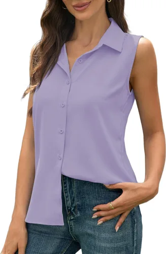 Miniatura 15 de JTD Camisas sin mangas con botones para mujer, tops casuales con cuello, camiseta sin mangas con cuello en V, blusas de verano para trabajo