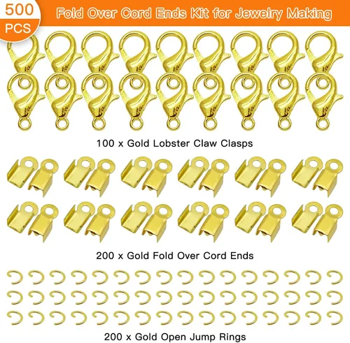Miniatura 2 de Kit de 500 extremos de cable plegables para hacer joyas, incluye 100 cierres de pinza de langosta, 200 anillos de salto abiertos, 200 extremos