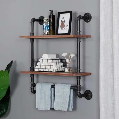 Miniatura 8 de Estante industrial de tubería para baño, estantes de pared montados en la pared, 2 niveles de 19.6 pulgadas de madera rústica, decoración flotante