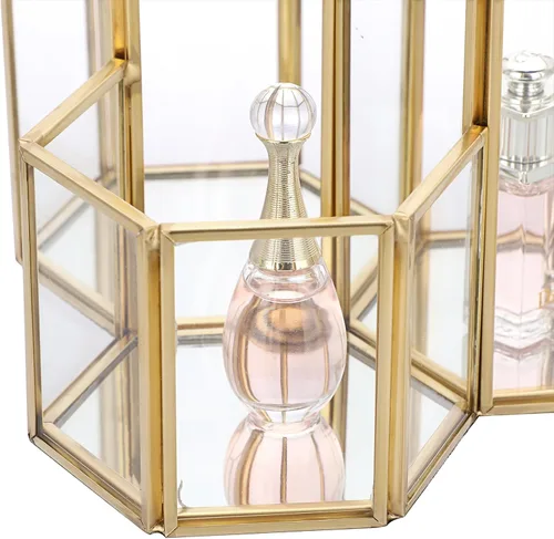 Miniatura 5 de Hipiwe Porta brochas de maquillaje de vidrio, 3 ranuras espejadas, organizador de brochas de cosméticos doradas, vitrina, caja de almacenamiento