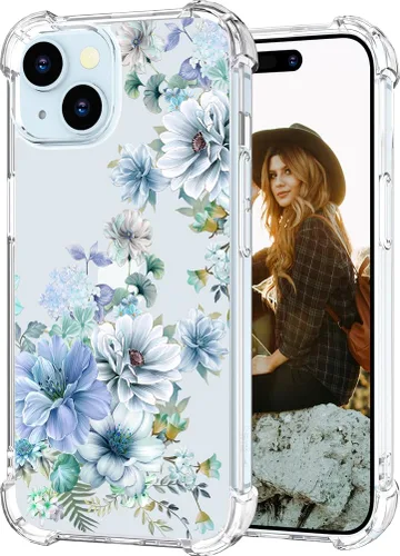 Miniatura 35 de Hungo Funda compatible con iPhone 15 Plus para mujer, diseño floral transparente, lindo, flor azul rosa Rosas Azules