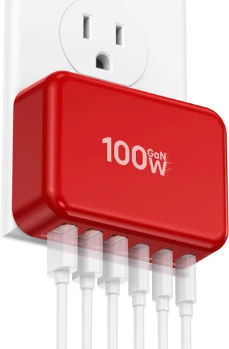 Miniatura 9 de Bloque de Carga Rápida, Cubo de Estación de Carga GaN de 6 Puertos USB C, Cargador de Pared de 100W de Tipo C de Múltiples Puertos con Enchufe