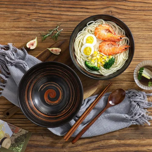 Miniatura 5 de YUN TAO Juego de 4 cuencos de ramen de cerámica negra de 35 onzas, cuencos de sopa profundos, cuencos japoneses asiáticos para fideos Pho para uso