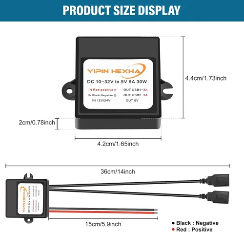 Miniatura 5 de 2 piezas DC 12V 24V a 5V 6A 30W adaptador de corriente con doble USB hembra convertidor reductor DC módulo buck