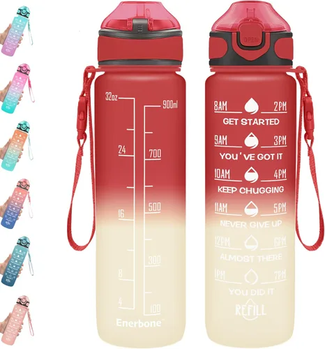 Miniatura 15 de Enerbone Botella de agua potable de 32 oz con tiempos para beber y popote, motivacional con correa para llevar, a prueba de fugas, sin BPA ni