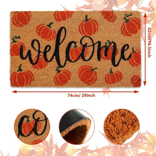 Miniatura 3 de AnyDesign Tapete de fibra de coco de otoño con diseño de calabazas de bienvenida, antideslizante, tapete decorativo de otoño para puerta de entrada