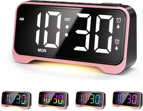 Miniatura 10 de Mesqool Reloj despertador súper fuerte para dormitorios, modo de fin de semana/día de la semana, atenuador, repetición, 12/24 horas, horario de Negro