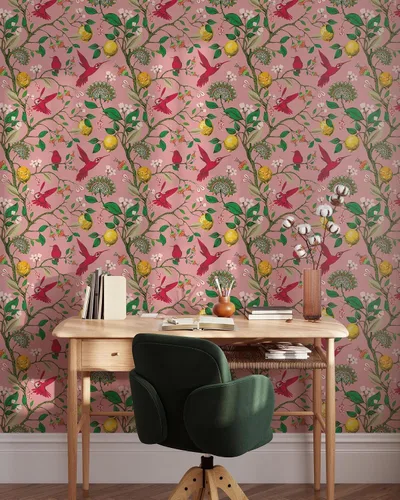 Miniatura 2 de Papel tapiz rosa de colibrí y árbol de limón Mural autoadhesivo extraíble de pájaros Papel tapiz botánico para despegar y pegar