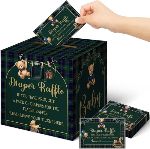 Miniatura 42 de Teling 51 boletos para rifas de pañales con caja de tarjetas, decoración de baby shower, caja de soporte para baby shower, para fiesta de rifas