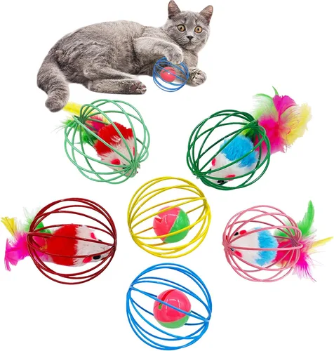 Juguetes para gatos, 6 paquetes de juguetes para gatos y gatitos de interior, bolas de jaula de metal con ratones y campanas, juguetes interactivos