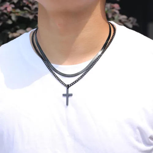 Miniatura 2 de Zocomi Collar de cruz para hombres y niños, de acero inoxidable en capas, cadena de espiga cubana, colgante de cruz religiosa, joyería de moda