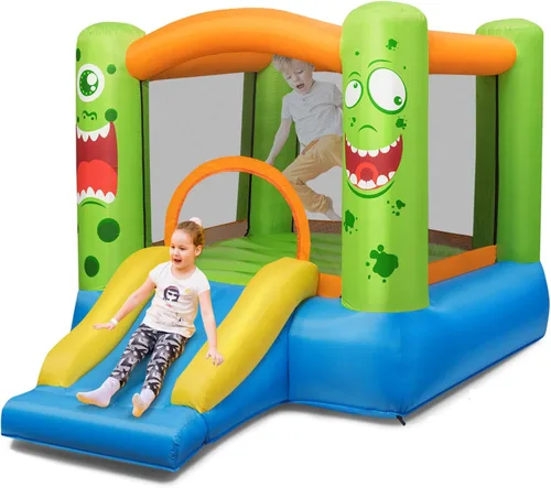 Miniatura 16 de HONEY JOY Casa inflable de rebotes, luna inflable para niños con tobogán, área gigante de saltos, fosa de pelotas oceánicas, aro de baloncesto