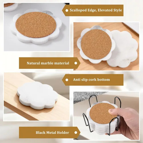 Miniatura 3 de Juego de 4 posavasos de mármol y portavasos - Posavasos de piedra natural para bebidas, modernos portavasos, mesas de bar, escritorios, decoración