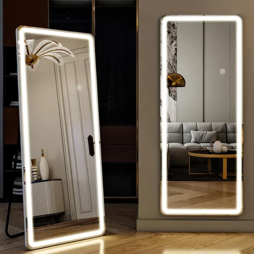 Miniatura 20 de Espejo LED de longitud completa, 30 x 71 pulgadas, espejo de cuerpo completo de vidrio templado con atenuación e iluminación de 3 colores de pie