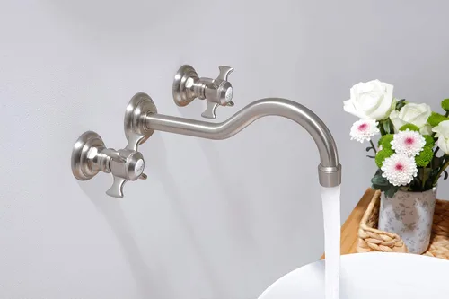 Miniatura 3 de SITGES Grifo de pared, grifo de pared de lavabo de baño de dos manijas con válvula áspera incluida, níquel cepillado