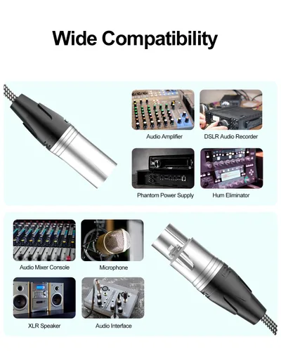 Miniatura 6 de Cable XLR corto de 3 pies, cable de extensión de micrófono XLR macho a hembra con 3 pines, cables XLR blindados de alta calidad, cables de micrófono