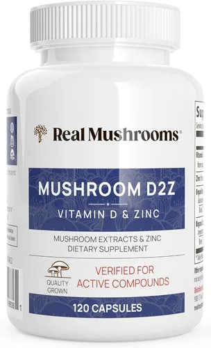Real Mushrooms Cápsulas de zinc y vitamina D2, con extractos orgánicos de hongos Chaga y Reishi, vitaminas para apoyo general del bienestar, vegano,