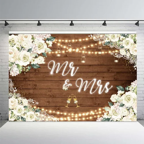 Miniatura 3 de MEHOFOND Telón de fondo personalizado de 7x5 pies Sr. y Sra. para despedida de soltera, personalización de boda, fondo de madera, novia y novio