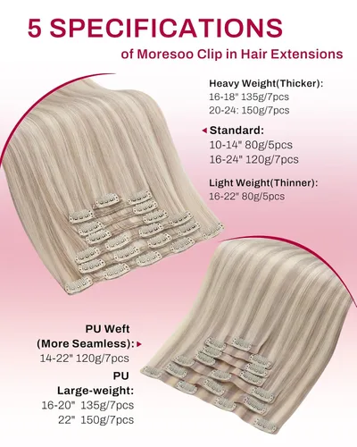 Miniatura 5 de Moresoo Extensiones de cabello humano con clip, sin costuras, color rubio ceniza con rubio, extensiones de cabello humano real con clip, de 20 #