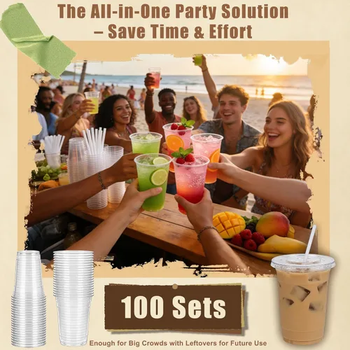 Miniatura 5 de Zcaukya Paquete de 100 vasos de plástico de 16 onzas con tapas y pajitas, vasos transparentes desechables para café helado, refrescos, batidos
