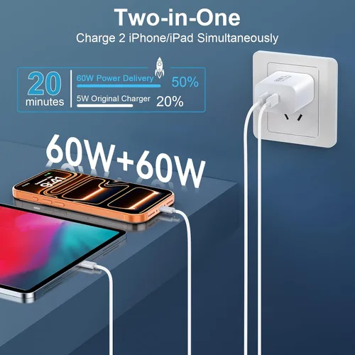 Miniatura 3 de Cargador para teléfono 15/16/17 Pro Max de carga rápida, bloque de carga USB C de doble puerto de 20 W con cable de carga USB C a C de 6.6 pies