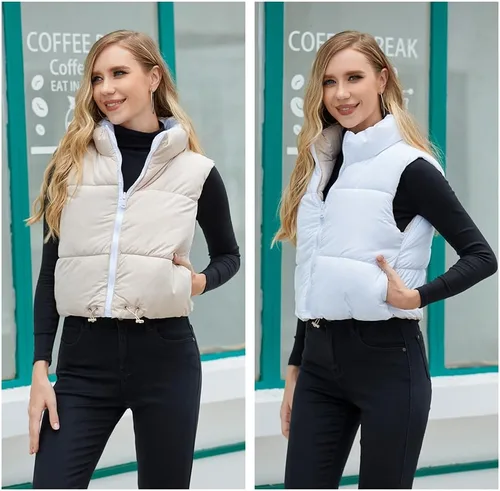 Miniatura 6 de Chaleco corto de invierno para mujer, ligero, reversible, cálido, chaleco acolchado, chaleco acolchado